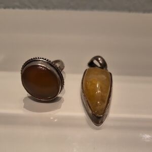 Yellow Stone Teardrop Pendant in Silver Setting - and Ring